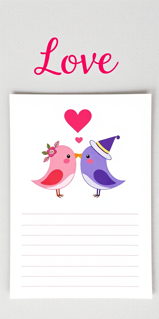 Create a cute and colorful stationery design featuring two cartoon birds, one pink with a flower crown and one purple in a top hat, kissing at the center with a heart above them, the word Love in playful typography at the top, with a subtle gray textured background and lined paper for writing, using a DSLR camera, aperture f/4, shutter speed 1/80, ISO 200, taken from a top-down view to capture all details clearly.
