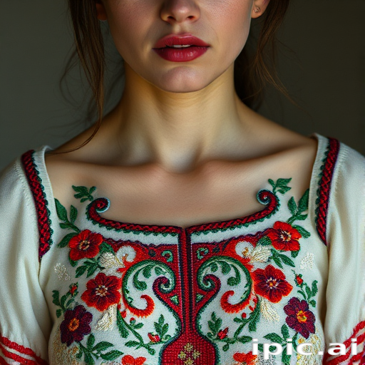 Face, shoulders, chest covered in openwork Ukrainian embroidery. Raw, unedited image.