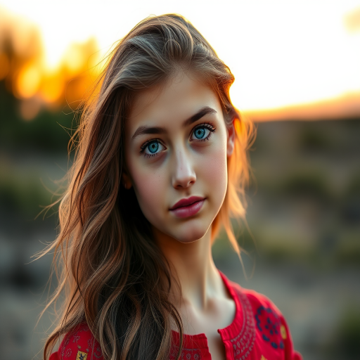 portrait of a young woman with long wavy hair and striking blue eyes wearing a red dress with intricate patterns against a sunset backdrop, 85mm lens, f/1.8 aperture, ISO 100, natural light, shallow depth of field, high dynamic range photography, full-frame DSLR