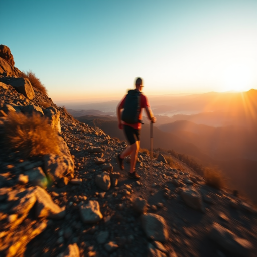 Blurry action shot of a hiker ascending a rocky trail at dusk, soft golden light casting long shadows over the landscape, with distant mountains and valleys barely visible in the fading light.