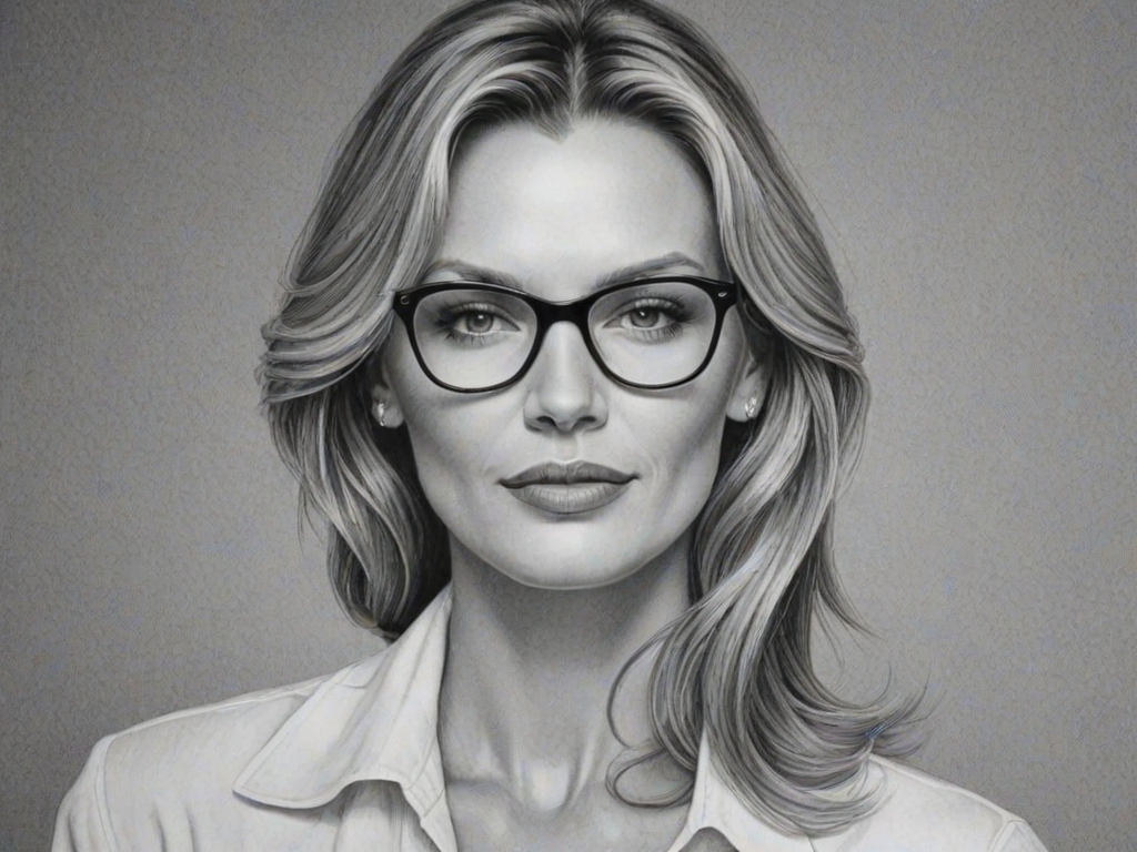 Splendid Natasha Henstridge, pencil sketch, portrait of Alluring woman 1980s in glasses, hair style beatnik, outline, clear lines, fine lines, 8k