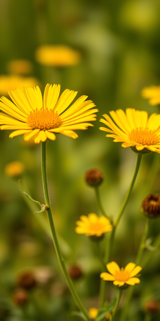 Close-up shot of vibrant yellow wildflowers with a blurred background, ISO 200, f/2.8, 1/500s, 50mm lens, natural sunlight, DSLR camera.