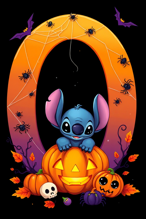 A whimsical and vibrant Halloween-themed digital illustration featuring the letter "O" adorned with spider webs, small bats, and cute spiders. At the base of the letter, a playful alien character similar to Stitch is peeking out from inside a carved pumpkin with glowing eyes, surrounded by additional pumpkins, a small skull, and autumn leaves. The letter is gradient-colored from orange to purple, adding a magical atmosphere to the scene, black background