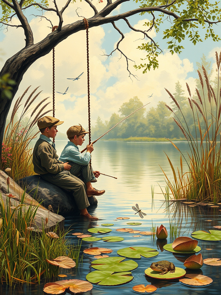 Imagine a small group of old fashioned young boys out fishing by the creek, a swing hanging from a tree branch, reeds and grasses by the water's edge, a frog sitting on a lily pad, dragonflies hovering over som water plans, a very iconic old fashioned scene reminiscent of a Norman Rockwell painting style