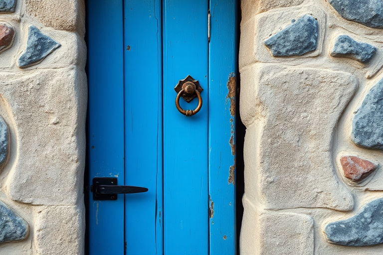 Photograph a weathered blue door with a rustic bronze knocker set in an aged stone wall, using a DSLR camera at f/8, ISO 200, 1/125s, 50mm lens, natural light, and a shallow depth of field to accentuate the textures.