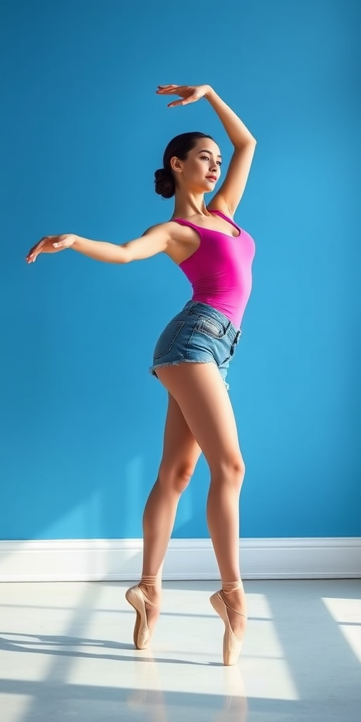 ballet dancer in a pink leotard and denim shorts posing gracefully against a blue wall, soft natural light, focus on the dancer with a blurred background, shot with a Canon EOS R5 at f/2.8, 50mm lens, ISO 200, shutter speed 1/100s, vibrant colors and clarity