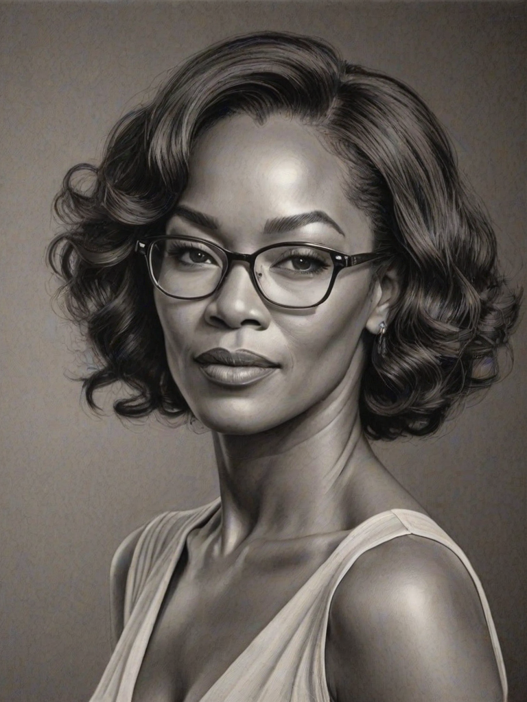Stunning Angela Bassett, pencil sketch, portrait of Splendid woman 1939s in glasses, hair style beatnik, outline, clear lines, fine lines, 8k