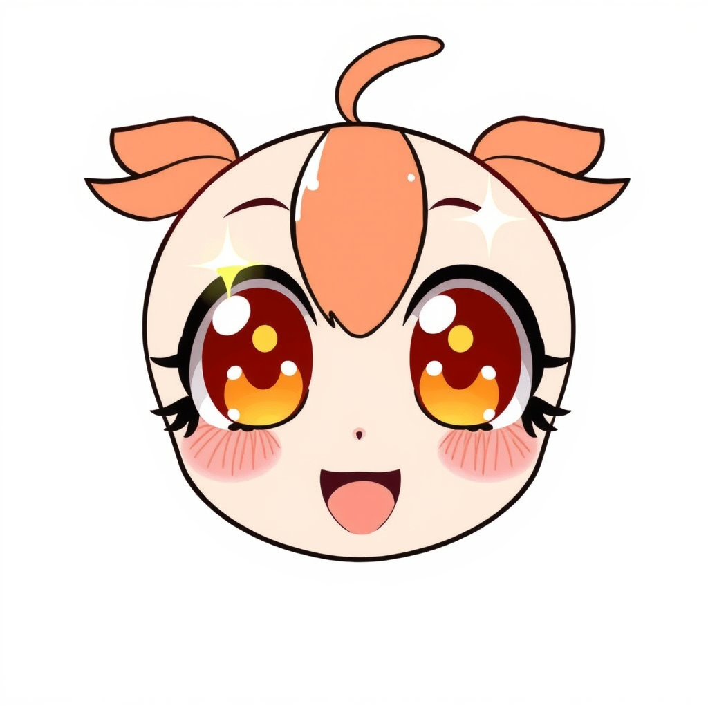 Create an illustration of a cute anime face with large, sparkling eyes featuring orange highlights. The face should have rosy cheeks and convey a joyful, lively expression. The style should be bright and cheerful, capturing the essence of kawaii art.
