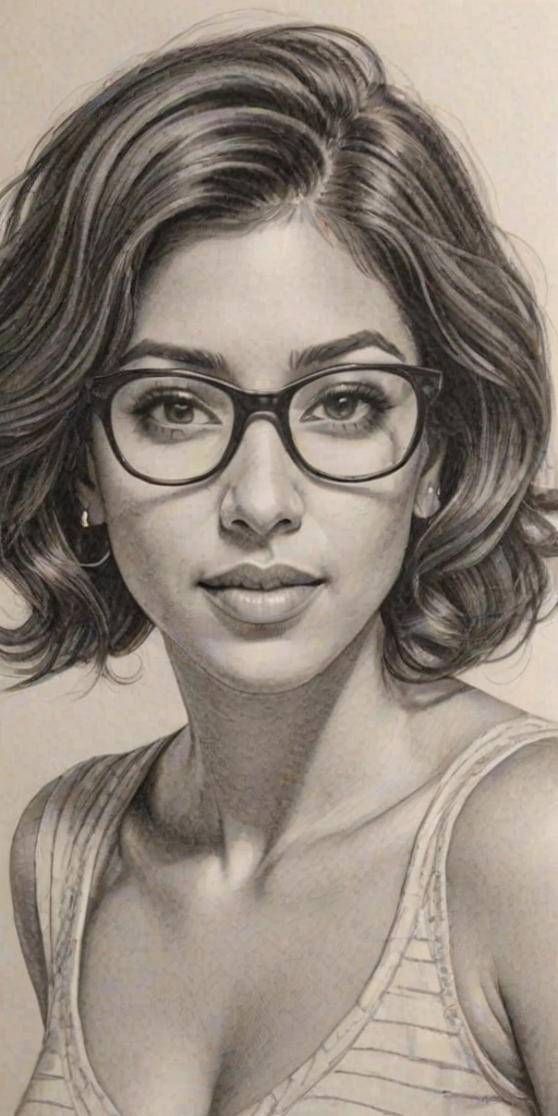 Appealing Stephanie Beatriz, pencil sketch, portrait of Exquisite woman 1949s in glasses, hair style beatnik, outline, clear lines, fine lines, 8k