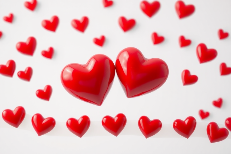 create an image of two large glossy red hearts in the center with smaller hearts scattered around them on a transparent background