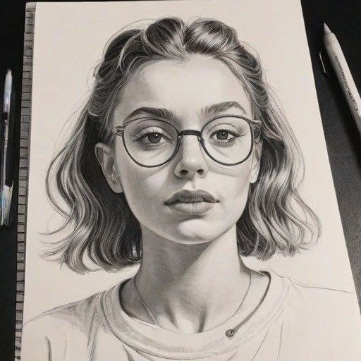 Wonderful Emma Chamberlain, pencil sketch, portrait of Stunning woman 1974s in glasses, hair style beatnik, outline, clear lines, fine lines, 8k