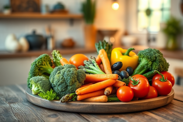 A beautifully arranged platter of fresh vegetables like broccoli, carrots, asparagus, yellow bell pepper, and tomatoes on a rustic wooden table with an inviting kitchen in the background, warm ambient lighting, shot with a Canon EOS R5 at f/2.8, ISO 100, 50mm lens, with a shallow depth of field to enhance focus on the vegetables and a soft bokeh effect in the background.