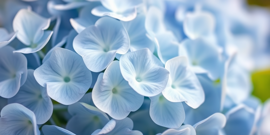capture a close-up of soft blue hydrangea flowers with shallow depth of field, natural lighting, ISO 100, aperture f/2.8, 50mm lens, macro photography style, high resolution