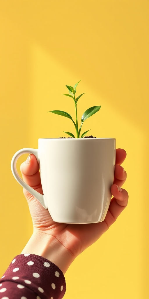 Create a high-resolution illustration of a hand holding a polka-dotted mug with a small green plant emerging from it, soft focus, with a pastel yellow background, using a DSLR camera at 50mm f/1.8 aperture, natural light, and vibrant color settings.