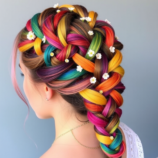 Bohemian Rainbow Braid showcasing an intricate, multi-colored Dutch braid incorporating all the colors of the rainbow, adorned with small flowers and delicate beads
