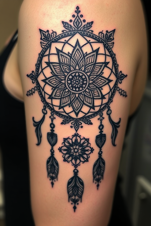 Ornamental blackwork tattoo showcasing intricate lace-like patterns and mandalas forming a dreamcatcher design, with meticulous dotwork shading, called "Ethereal Catcher"