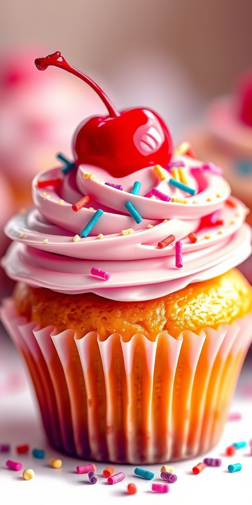 Generate a colorful, high-resolution illustration of a frosted cupcake with sprinkles and a cherry on top, captured in a macro view using a DSLR camera with a 50mm lens, aperture set to f/2.8, ISO 100, and natural lighting for enhanced detail and texture.