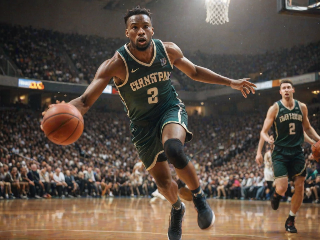 Blurry, action-packed image of a basketball player leaping toward the hoop, ball in hand, sweat glistening on their face, intense concentration in their eyes, crowd in the background on their feet, soft focus on the player's shoes kicking up dust from the court.