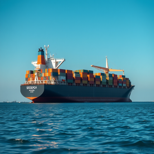 Regenerate an image of a large cargo ship in calm blue waters, shot with a Canon EOS 5D Mark IV, 50mm lens, aperture f/8, ISO 100, shutter speed 1/200s, from a low angle to emphasize the ship's size and details, with a clear sky in the background.