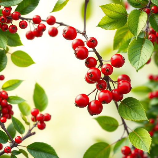 Create a high-resolution illustration of a floral border featuring vibrant red berries and green leaves, using a Canon EOS 5D Mark IV with a 50mm lens, aperture set to f/4 for a shallow depth of field, in natural light, capturing a soft and crisp focus on the botanical elements.