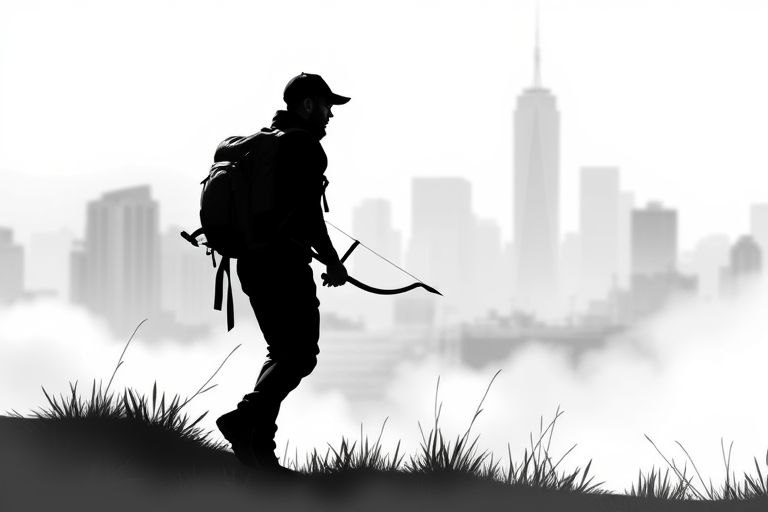 Create a high-contrast black and white illustration of a solitary hiker with a backpack and bow, walking through a stylized urban landscape shrouded in mist, captured with a 50mm lens at f/2.8, shutter speed 1/125s, ISO 100, shot from a low angle to emphasize the figure against the blurred city skyline in the background.