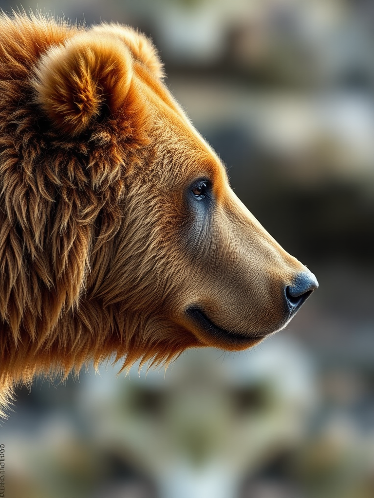 close-up of a brown bear profile with soft focus background, captured at f/2.8, 1/200s, ISO 100, 85mm lens, natural light, DSLR camera