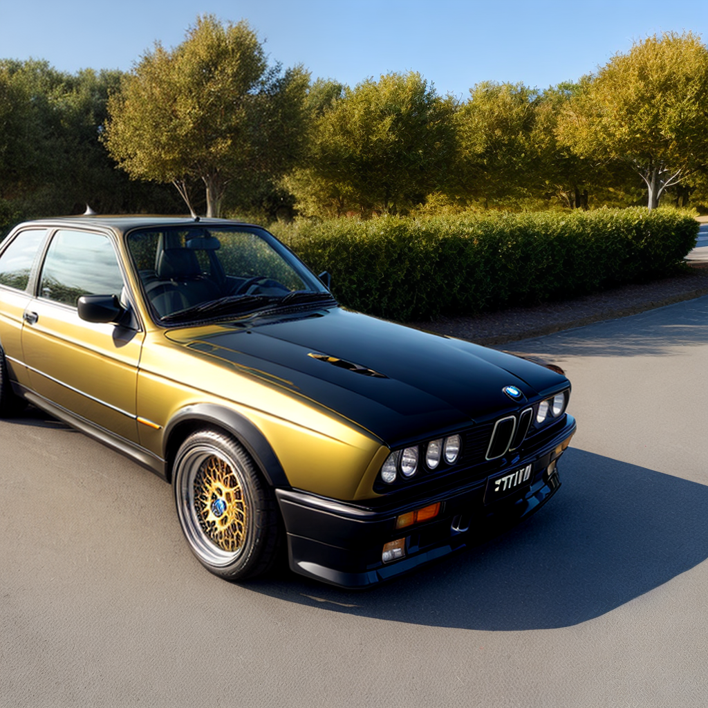 BMW e30, gold wheels, Christmas forest