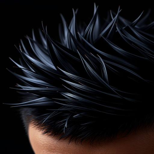 Create a high-resolution digital illustration of a spiky, dark hairstyle featuring sharp, defined edges and texture, focused with a macro lens at f/2.8, ISO 100, 50mm view, in a studio lighting setup to enhance details and contrast.