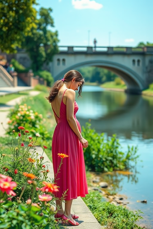 Capture a vibrant scene of a woman in a pink dress bending over to smell flowers by a calm river with an arched bridge in the background, using a Canon EOS R5, 24mm lens, f/8 aperture, 1/200 sec shutter speed, ISO 100, in bright daylight, with a shallow depth of field and vivid colors to enhance image quality.
