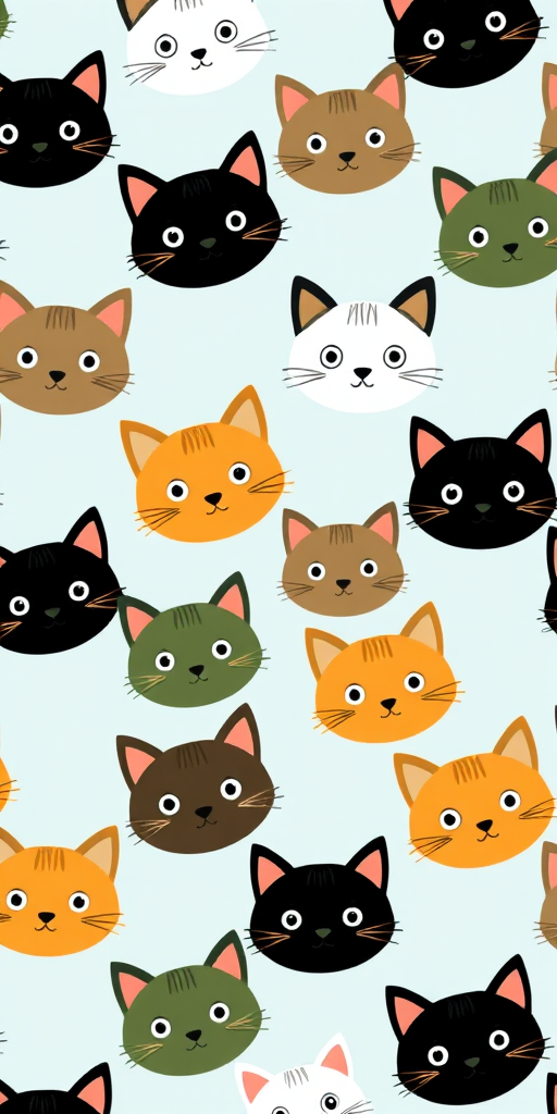 Create a repeating pattern of cartoon cat faces in various colors (white, black, brown, green, orange) on a light blue background, ensuring a balanced distribution of the cat faces, camera type: DSLR, camera settings: f/8, ISO 100, shutter speed 1/125, camera view: top-down, camera style: vibrant and crisp.