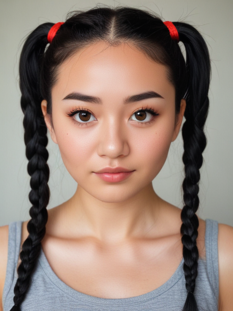 Front view of Asian woman with two braided black pigtails