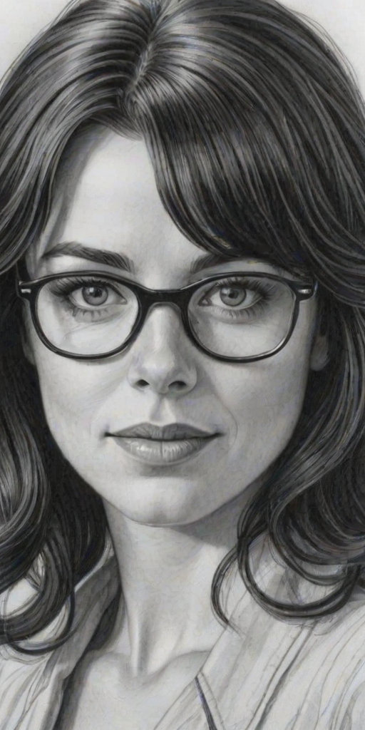 Alluring Eve Myles, pencil sketch, portrait of Fascinating woman 1929s in glasses, hair style beatnik, outline, clear lines, fine lines, 8k