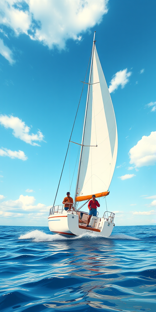 Create a vector-style illustration of a sailboat with two people on board, captured from a low angle view, using a digital camera with a 50mm lens, aperture f/2.8, ISO 100, and a vibrant color palette to enhance the clarity and detail of the sails and water.