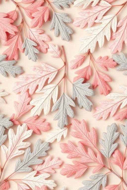 create a seamless pattern of oak leaves in pastel pink, grey, and cream colors on a light beige background, using a Canon EOS R5 with a 50mm f/1.8 lens at f/4 aperture, ISO 100, and a top-down view for clarity and detail