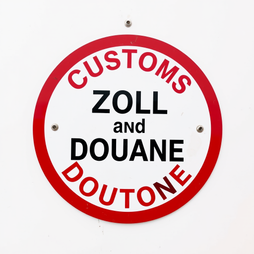 Create a high-resolution image of a circular customs sign with a bold black line and the words ZOLL and DOUANE in uppercase on a white background, surrounded by a thick red border, captured with a DSLR camera at f/8 aperture, ISO 100, 24mm lens, with natural daylight from a 45-degree angle to enhance clarity and sharpness.