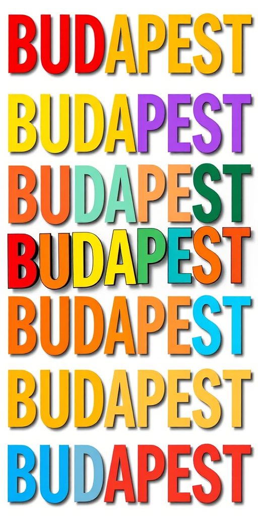 Create a vibrant and colorful collage of the word "BUDAPEST" in various fonts and styles, ensuring each instance is distinct, set against a clean white background, using a DSLR camera with a 50mm lens, f/1.8 aperture, ISO 100, and a shallow depth of field to enhance clarity and focus.