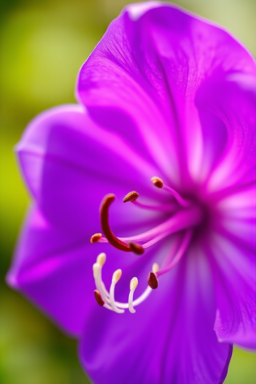 macro shot of a vibrant purple flower with delicate petals and a focus on the intricate details of the stamens, ISO 100, aperture f/2.8, shutter speed 1/200s, 100mm macro lens, soft natural lighting, DSLR camera, shallow depth of field.