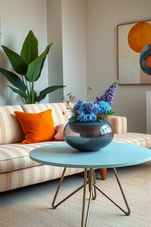 interior living room featuring a beige striped sofa with an orange accent pillow, a modern bowl vase with blue and purple flowers on a round light blue table, a large leaf plant in the corner, abstract wall art, natural light, shallow depth of field, shot with a Canon EOS R5, 24mm lens, f/2.8, ISO 100, 1/60s