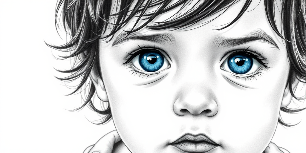 A hyperdetailed photorealistic black and white sketch of a beautiful toddler with deep blue eyes, with a macro focus