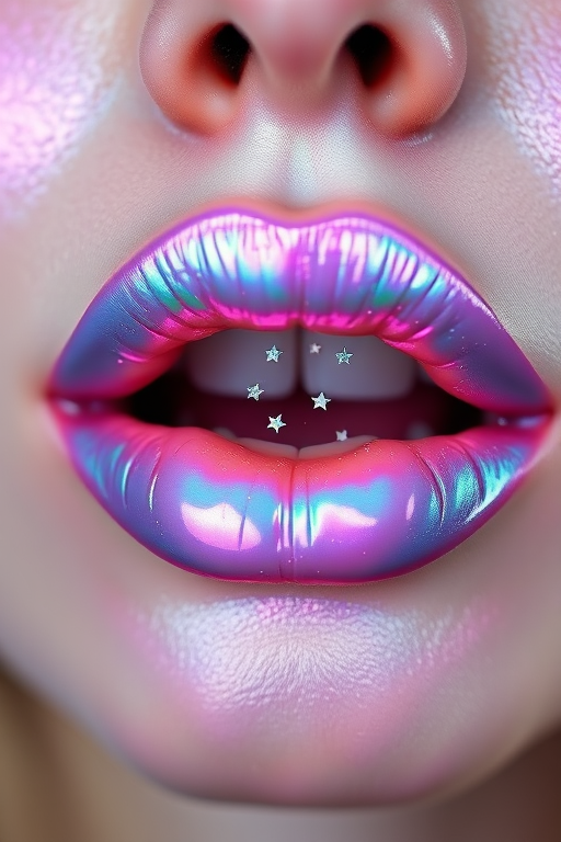 Iridescent holographic lips in "Unicorn Dreams" style, shifting colors from lavender to aqua with every movement, adorned with tiny star-shaped glitter for a magical effect