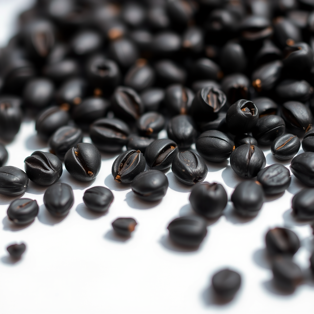 macro shot of black seeds on a white background, f/2.8 aperture, 100mm lens, ISO 100, natural sunlight, taken with a DSLR camera