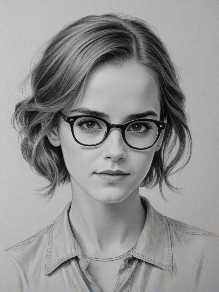 Wonderful Emma Watson, pencil sketch, portrait of Elegant woman 1951s in glasses, hair style beatnik, outline, clear lines, fine lines, 8k