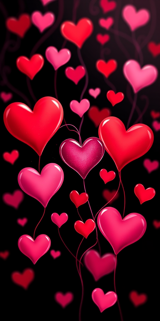 Create a digital illustration of colorful hearts in various shades of red and pink connected by swirling lines on a black background, with a soft focus effect, using a high-resolution digital camera, f/2.8 aperture, ISO 100, and a 50mm lens to enhance image quality.