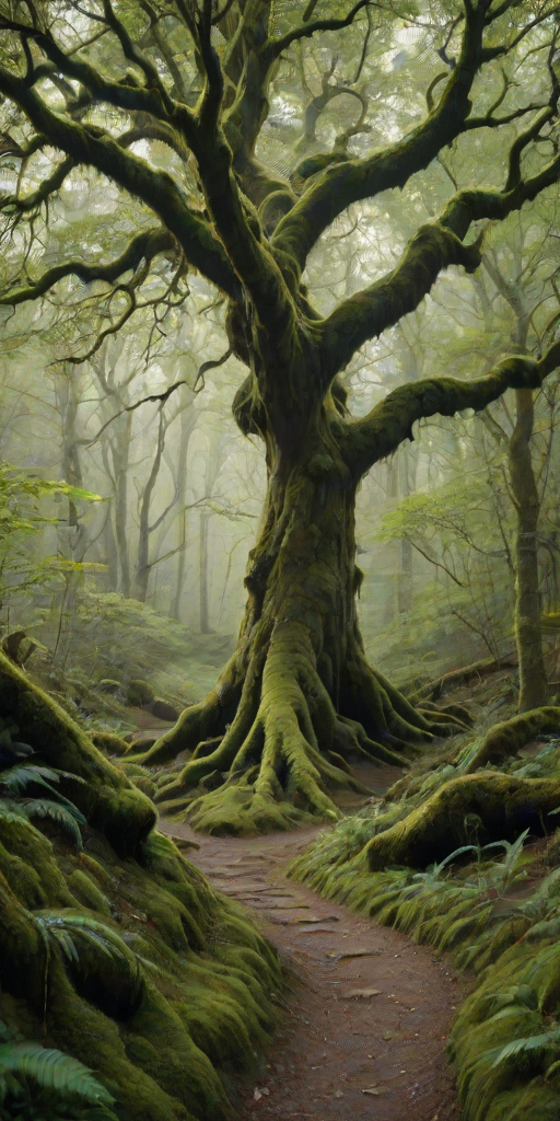 A winding stone path extends into the distance, with a gnarled tree with sparse leaves on its left side and its trunk partially exposed. On the right side is a dense forest covered in moss and vegetation. The entire scene is shrouded in a quiet and mysterious atmosphere, giving a sense of venturing into an unknown world. high-quality image, ultra-detailed, photorealistic painting by greg rutkowski.
