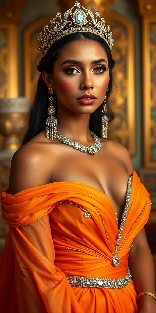 A gorgeous Native American woman in a luxurious orange gown, accessorized with a dazzling tiara and statement earrings, her deep Yellow eyes highlighted by impeccable makeup, poised in a royal setting, photorealistic, 8K quality