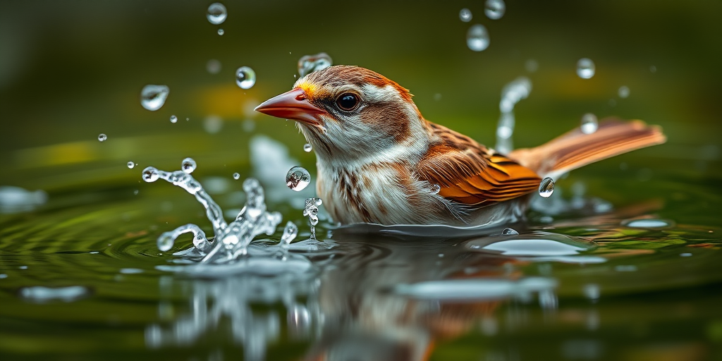 A close-up of a sparrow bathing in water with droplets splashing around, shallow depth of field, 85mm lens, aperture f/1.8, ISO 200, 1/500s shutter speed, natural light, DSLR camera.