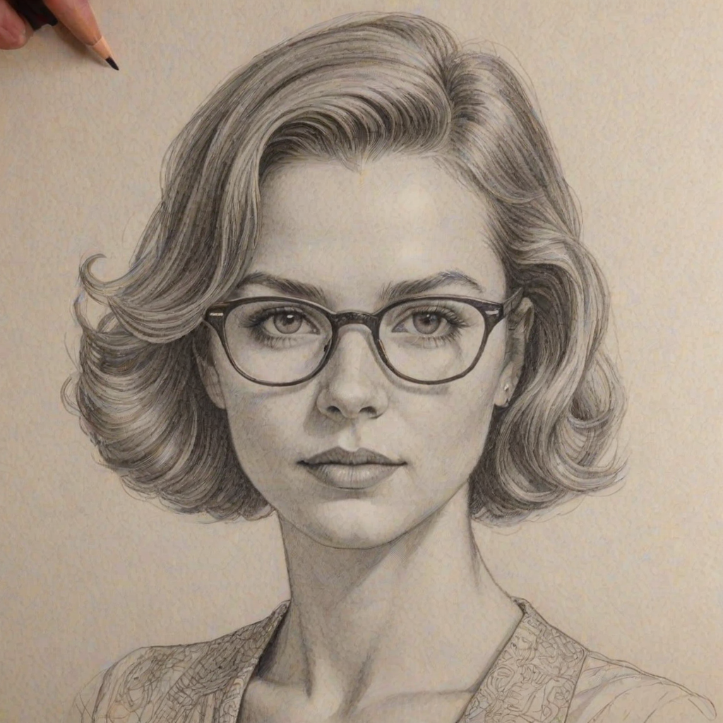 Fascinating Morgan Saylor, pencil sketch, portrait of Dazzling woman 1967s in glasses, hair style beatnik, outline, clear lines, fine lines, 8k