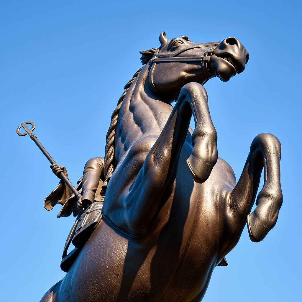 Create a detailed image of a bronze statue of a majestic horse rearing up with a rider holding a staff, set against a clear blue sky, captured with a DSLR camera, 50mm lens, f/8 aperture, ISO 100, and a high dynamic range to enhance the details and textures.