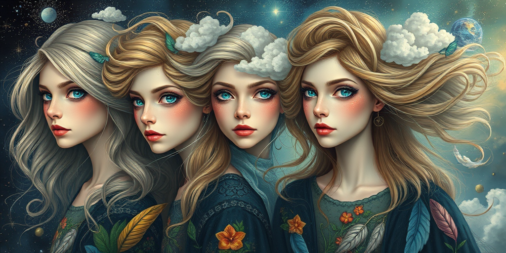 Create a series of imaginative portraits where each subject is infused with elements of fantasy and nature. The hair of the individuals should flow like clouds, varying from soft, fluffy cumulus to wispy cirrus strands, with hints of color reflecting a sunset or a clear blue sky. The eyes should be windows to entire galaxies, with stars, nebulae, and distant planets visible within them. Clothing should be adorned with nature motifs, such as floral patterns that bloom and change, vines that seem to grow and wrap around, or feathers that shimmer with iridescence. Each portrait should capture a unique personality, blending human features with the ethereal beauty of the natural and cosmic world. The backgrounds can vary, from starry night skies to enchanted forests, adding depth and context to the magical realism of the portraits