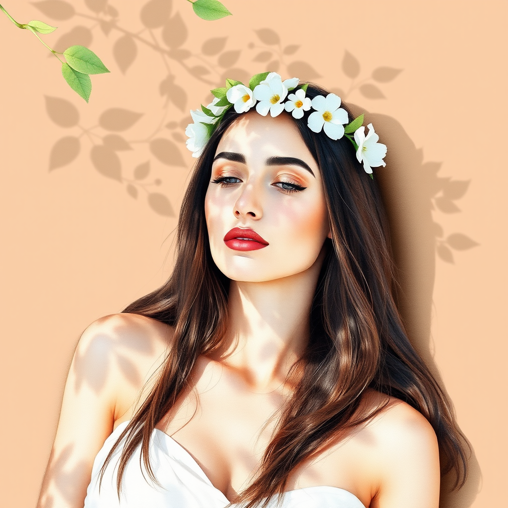 create a watercolor painting of an ethereal portrait of beautiful Sephardic woman with a simple white flower crown on her head. Her hair is long and she is lying on the ground. The sunlight on the trees casts shadows from the leaves on her face and body. The background is a neutral brown color that matches her skin tone. The image is minimalist and solid colors. This style is characterized by soft, delicate brushstrokes and a light, airy, contrasting color palette. High level of detail and play of light